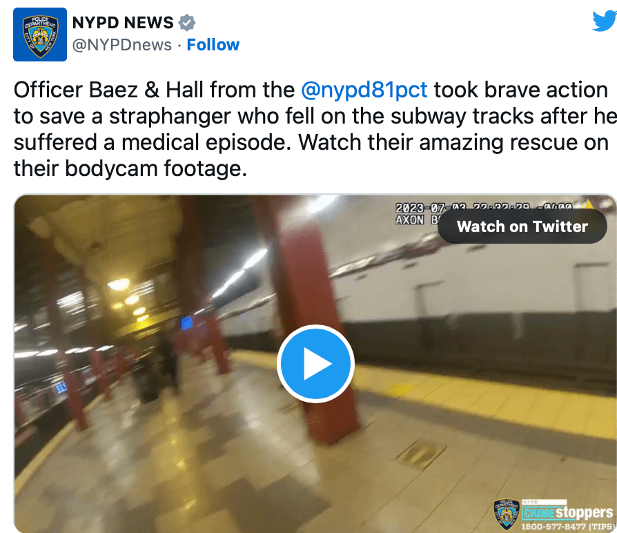 After a medical emergency, NYPD officers rescue a subway passenger who fell on the tracks.