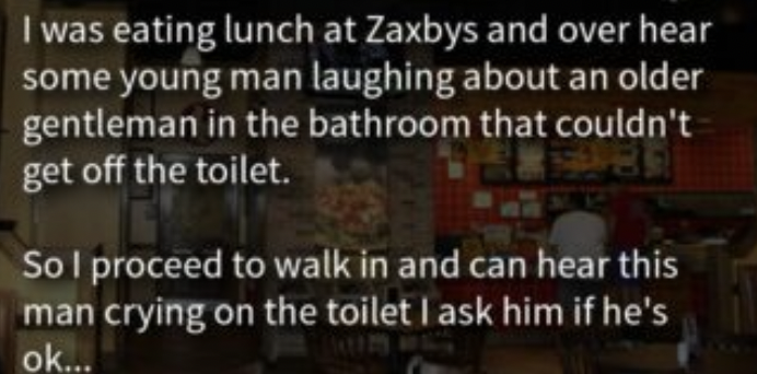 Man finds elderly veteran crying in the bathroom and hears rude teen laughing, now everyone’s talking about his response