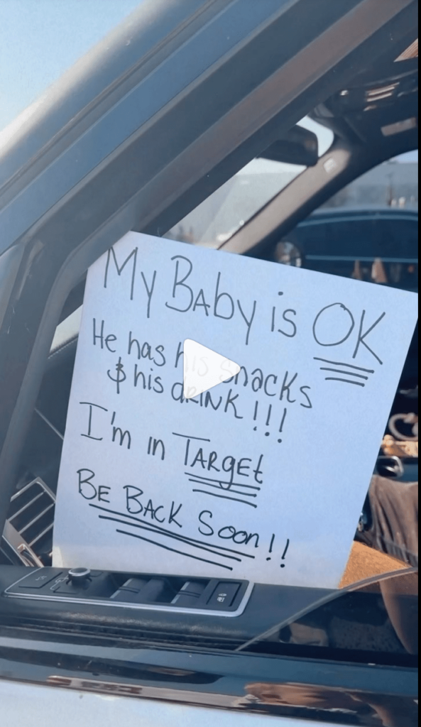 Mom leaves “baby” in the car while shopping at Target, promising others he will be fine.