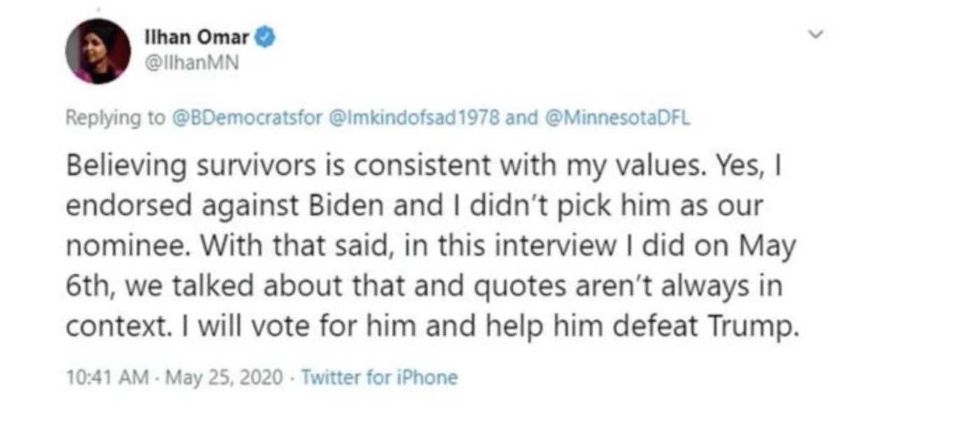 Ilhan Omar Stands with Biden in the Face of Sexual Assault Allegations